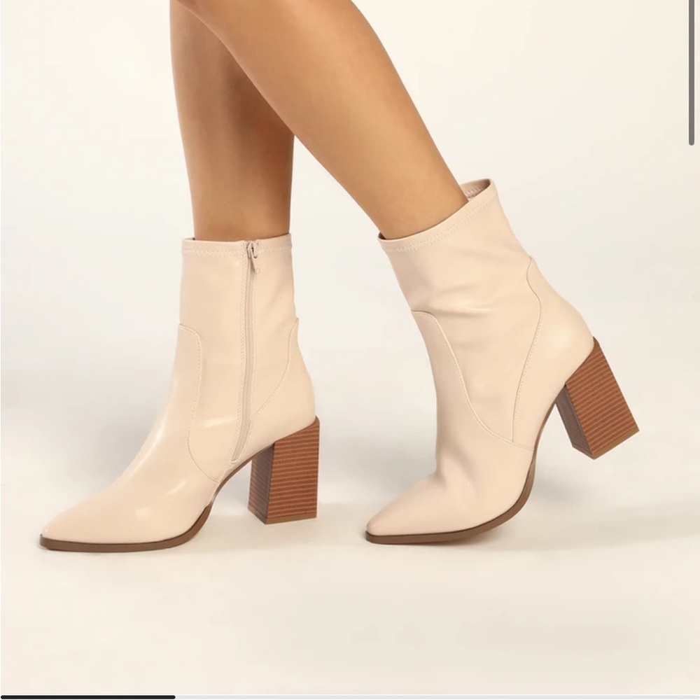 Lulu’s Daleyza Bone Pointed-Toe Mid Calf High Heel Booties